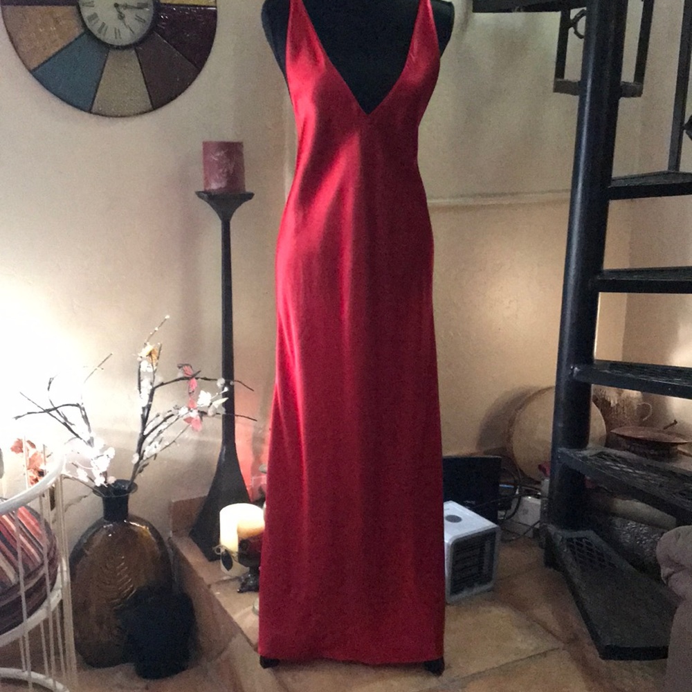 Frederick’s Red Slippery Satin Strappy Long Maxi Nightgown Slip Dress Lingerie
